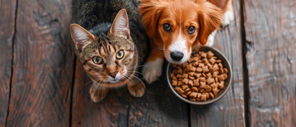 Hundefutter-Abo im Vergleich: Eine Katze und ein Hund stehen neben einem Napf und schauen nach oben.