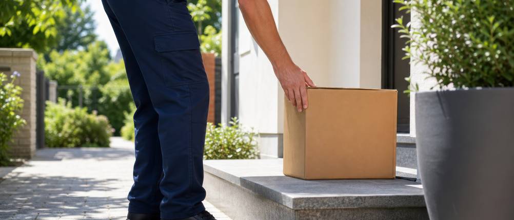 Ein Paketbote stellt ein Paket vor eine Haustür.