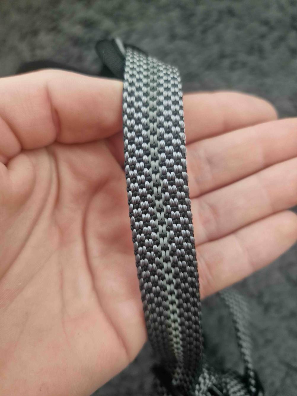 In einer Hand befinden sich Haltschlaufen von einem getesteten Hundegeschirr.