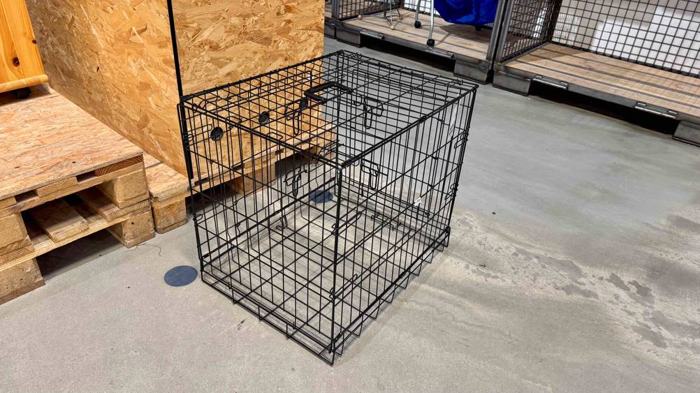 Getestet: Ein Hundekäfig von hinten auf einem Betonboden in einem Ladengeschäft.