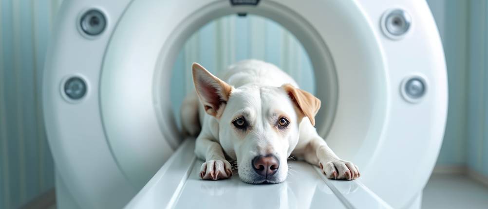 Vergleich von Hundekrankenversicherungen: Ein Hund liegt in einem CT.