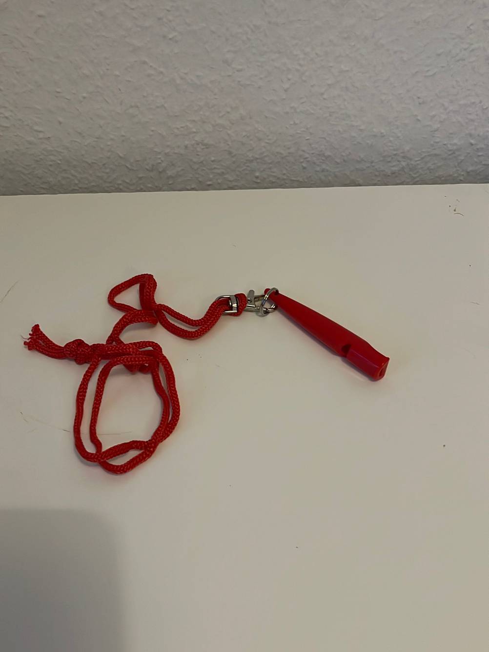 Im Test: Eine Hundepfeife an einer Schnurr auf einer hellen Tischfläche vor einer hellen Wand.
