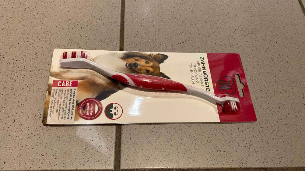 Eine getestete Hundezahnbürste liegt verpackt auf dem Boden.
