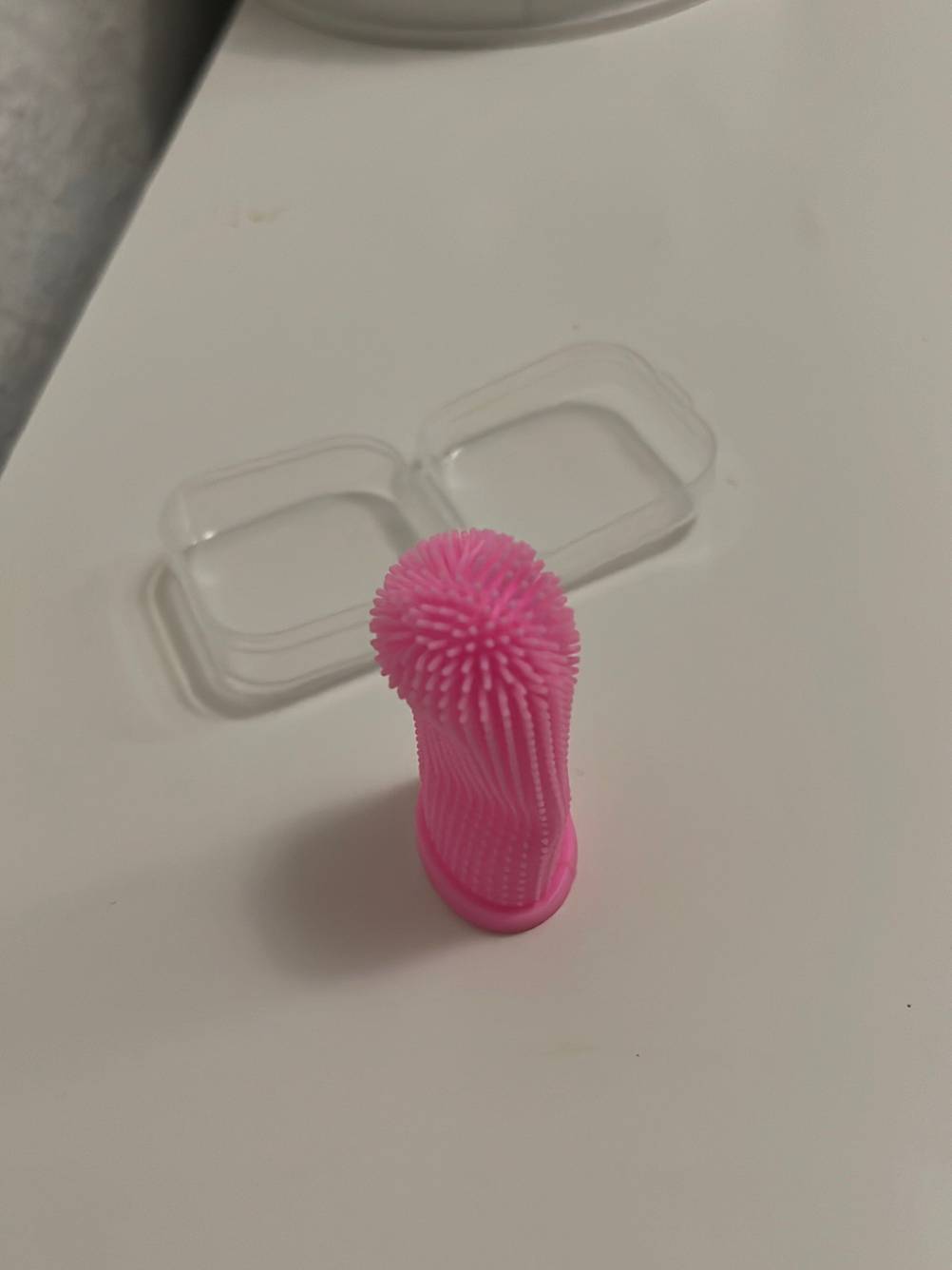 Im Test: Eine einzelne Hundezahnbürste auf einer hellen Fläche von schräg oben.