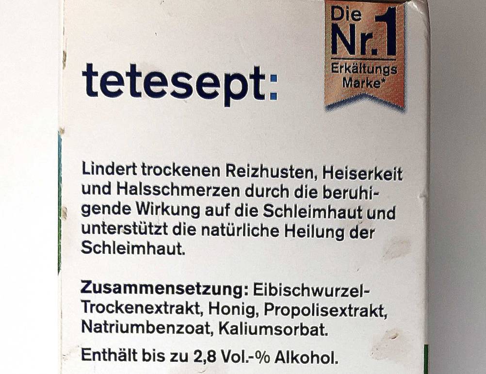Hustenstiller getestet: Nahaufnahme der Informationen auf der Verpackung.