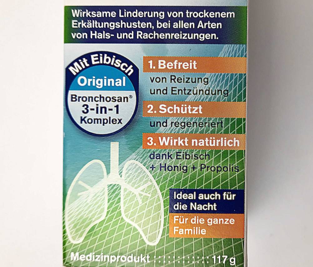 Hustenstiller-Test: Nahaufnahme der Verpackung mit Informationen.
