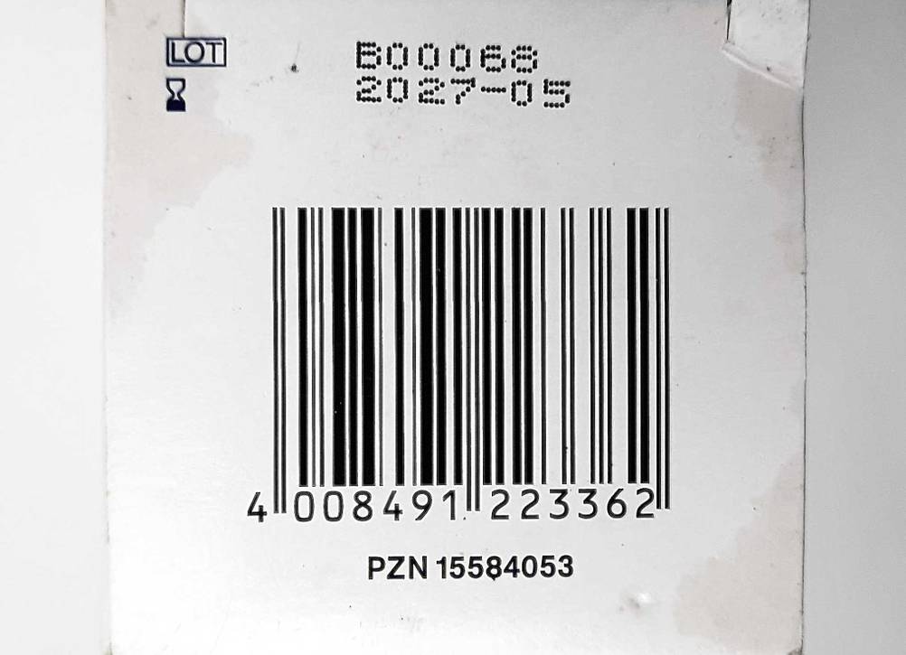 Hustenstiller getestet: Nahaufnahme des Stichcodes auf der Verpackung.