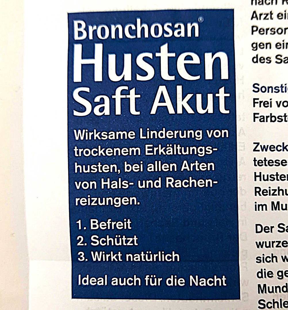 Hustenstiller-Test: Nahaufnahme der Informationen auf der Verpackung.