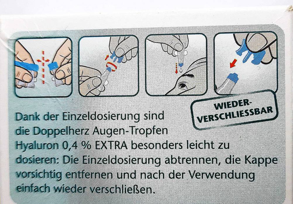 Hyaluron-Augentropfen-Test: Nahaufnahme der Infografiken auf der Rückseite der Verpackung.