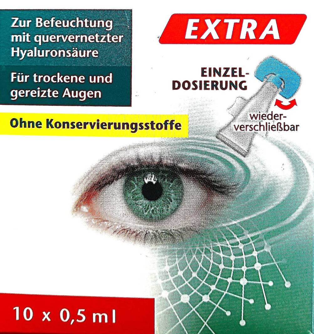 Hyaluron-Augentropfen-Test: Nahaufnahme der Verpackung mit Informationen.