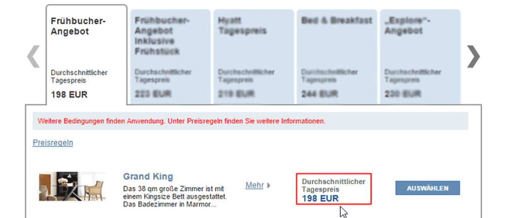 Der Preis für das Grand King Zimmer liegt bei 198,00 € pro Nacht.