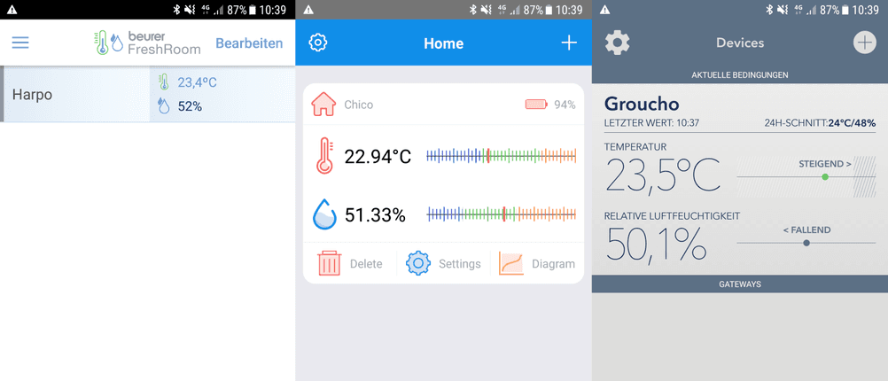 Screenshots der drei Hygrometer-Apps im direkten Vergleich