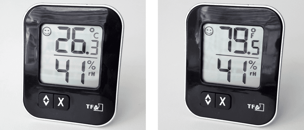 Dasselbe Hygrometer mit Temperatur-Angaben in Celsius und Fahrenheit