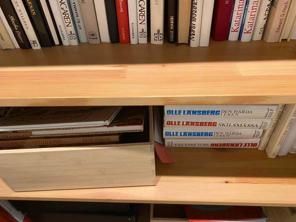 Detailansicht eines Fachs von einem getesteten Bücherregal aus Holz.