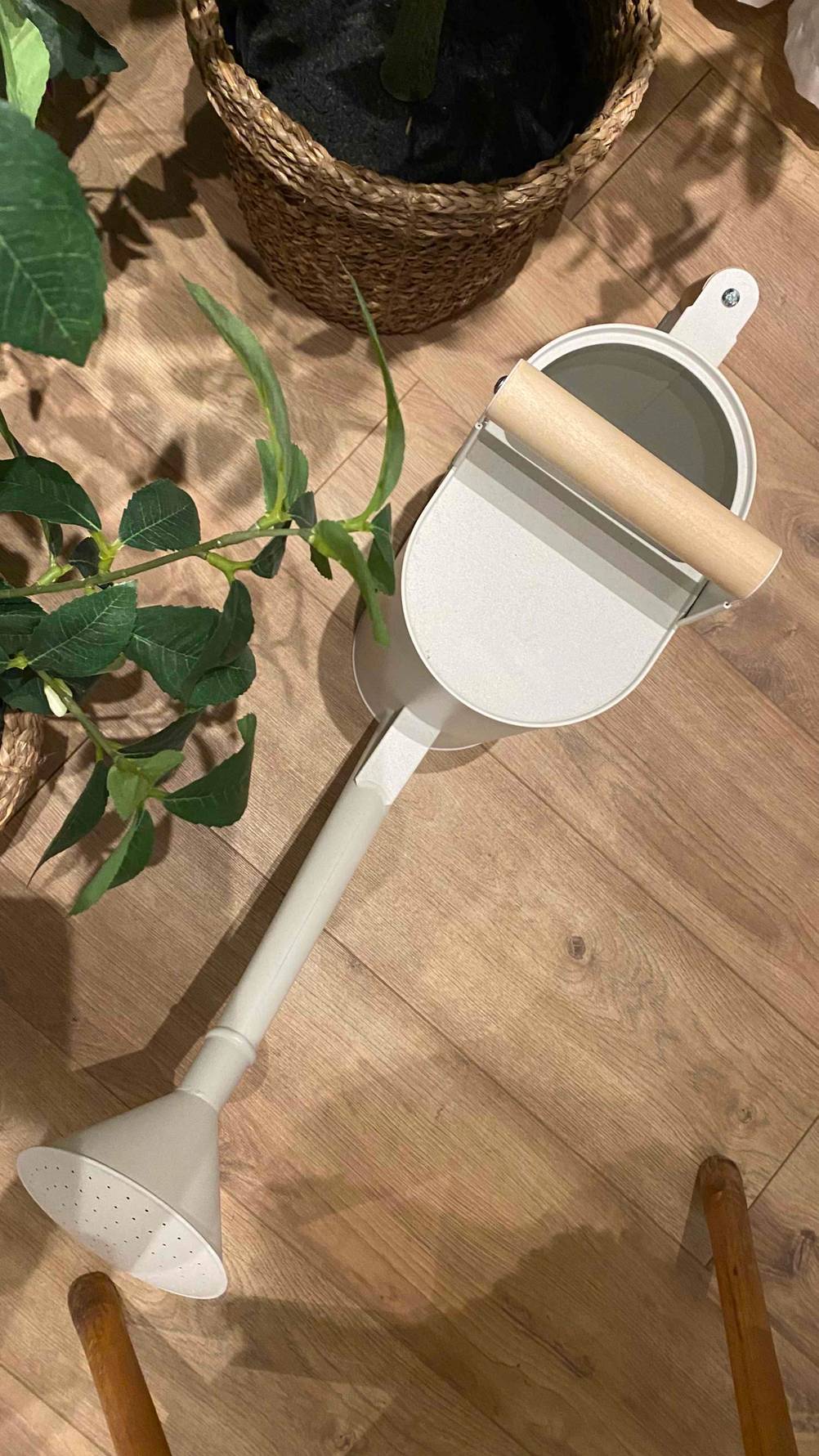 Im Test: Eine Gießkanne (10l) von oben auf einem Holzboden stehend, im Hintergrund Pflanzen.