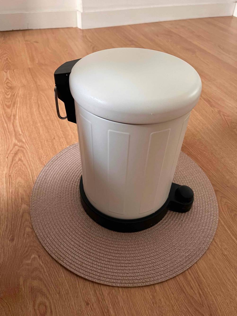 Ein getesteter weiß-schwarzer Mülleimer steht auf einem runden Teppich auf einem Holzboden.