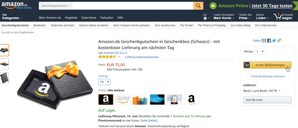 Amazon Geschenkgutschein im Wert von 75 Euro wird in den Einkaufswagen bei Amazon gelegt