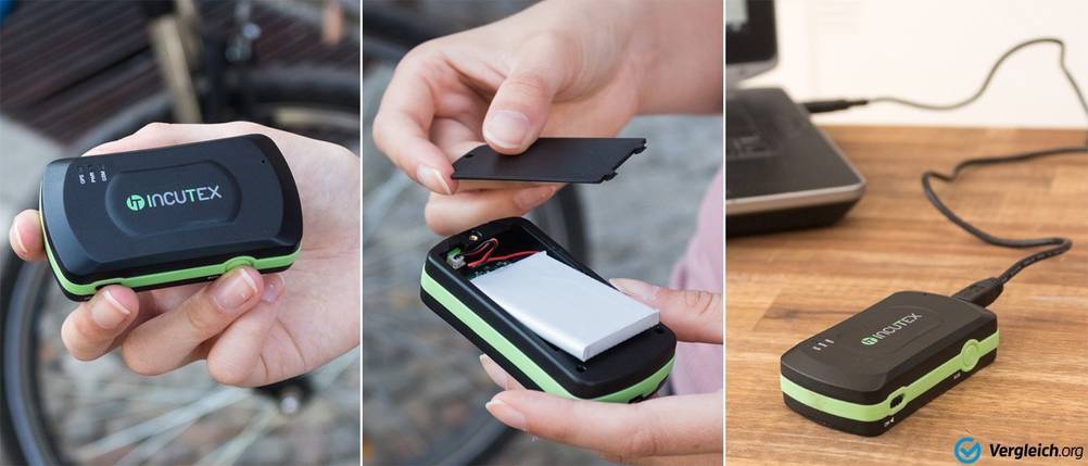 Collage aus drei Bildern, die die Handhabung eines GPS-Trackers zeigen.