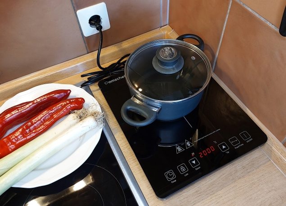 Topf steht auf einer einzelnen Induktionskochplatte, daneben liegt Gemüse