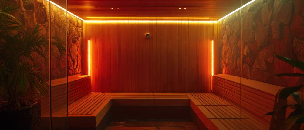 Infrarotheizungs-Test: das Innere einer Sauna, mit Holzbänken und Steinwänden, beheizt durch eine Infrarotheizung