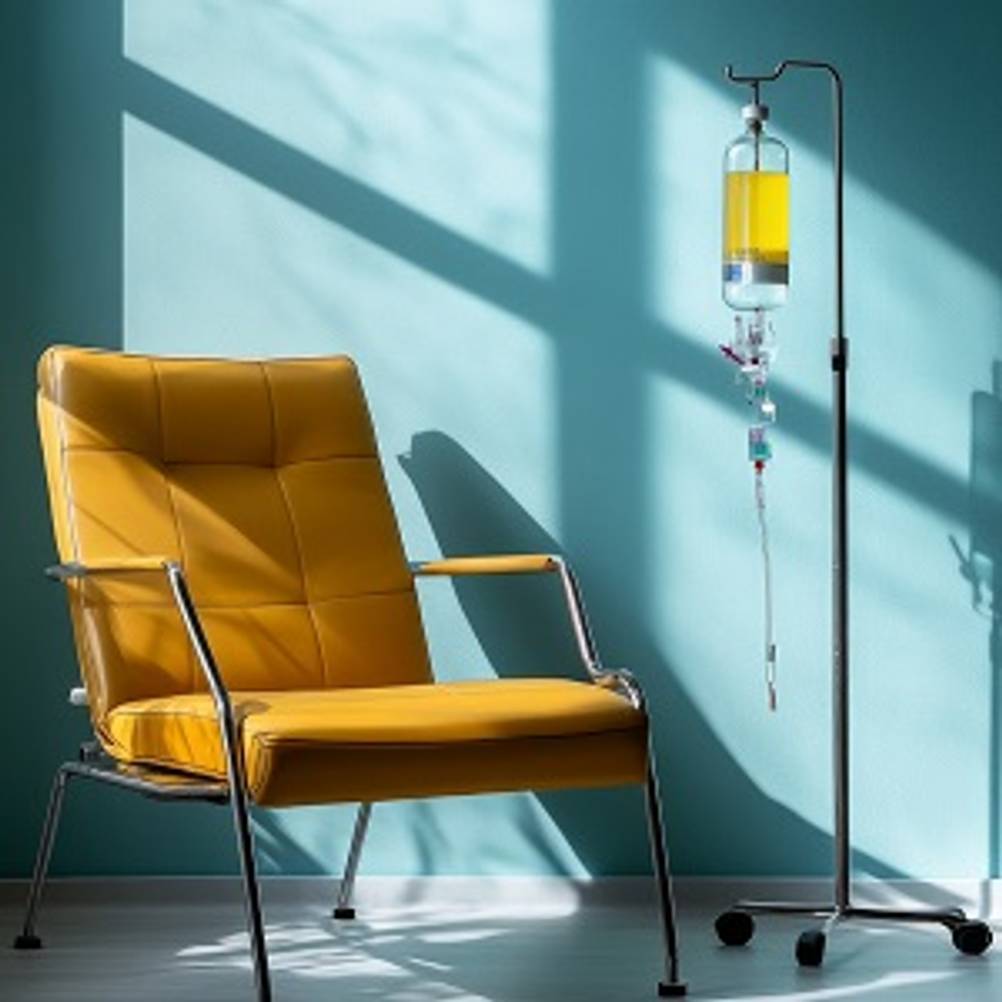 Infusionsständer getestet: Infusionsständer mit Infusion neben einem Sessel.