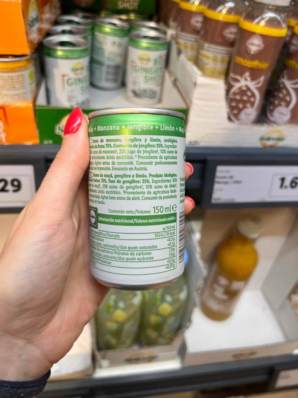 Nährwertangaben von einem getesteten Ingwer-Shot. 