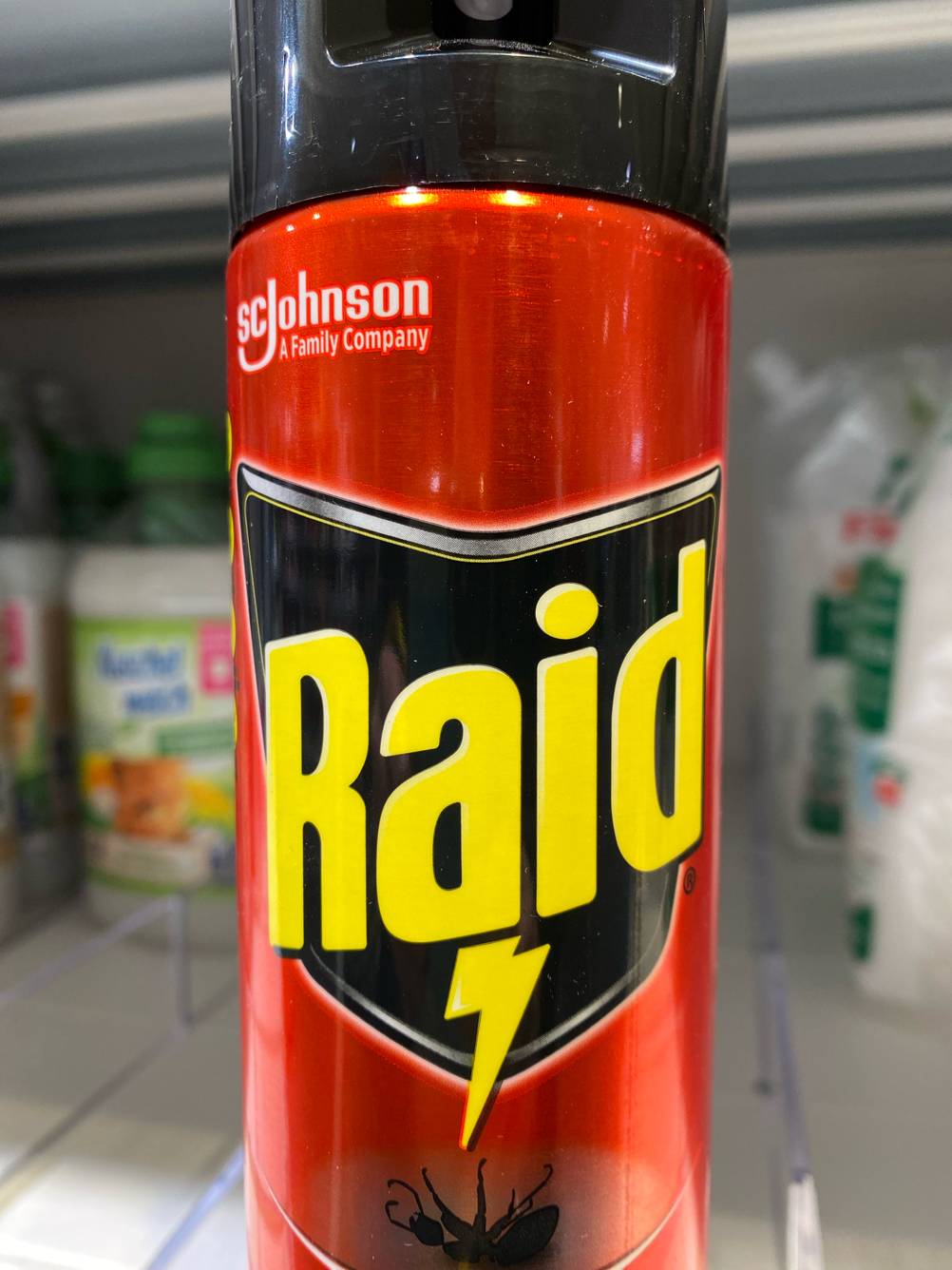 Frontansicht einer Spraydose Raid-Insektenentferner während eines Tests.
