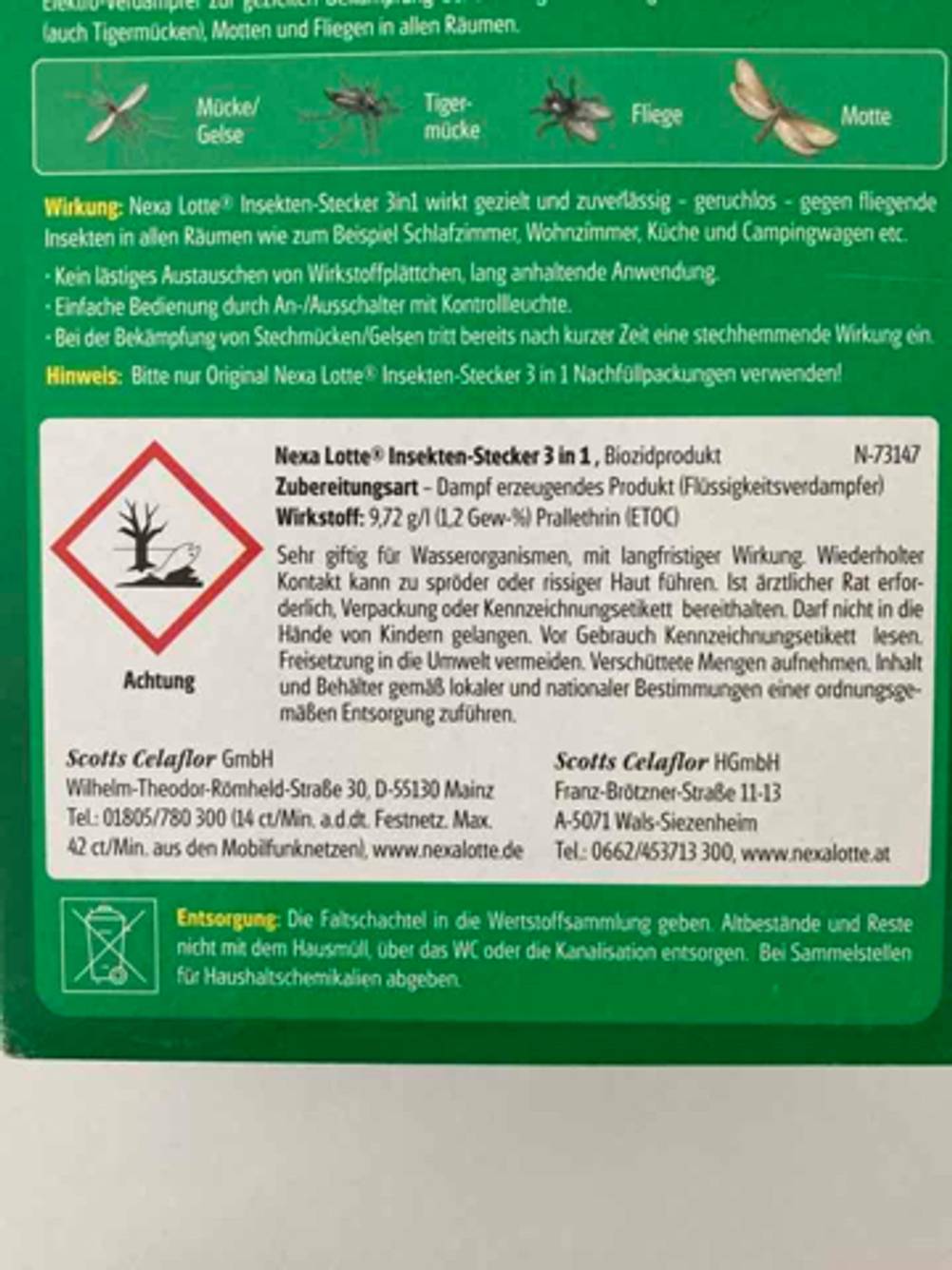 Insektenvernichter im Test: Nahaufnahme der Rückseite der Verpackung mit Informationen.