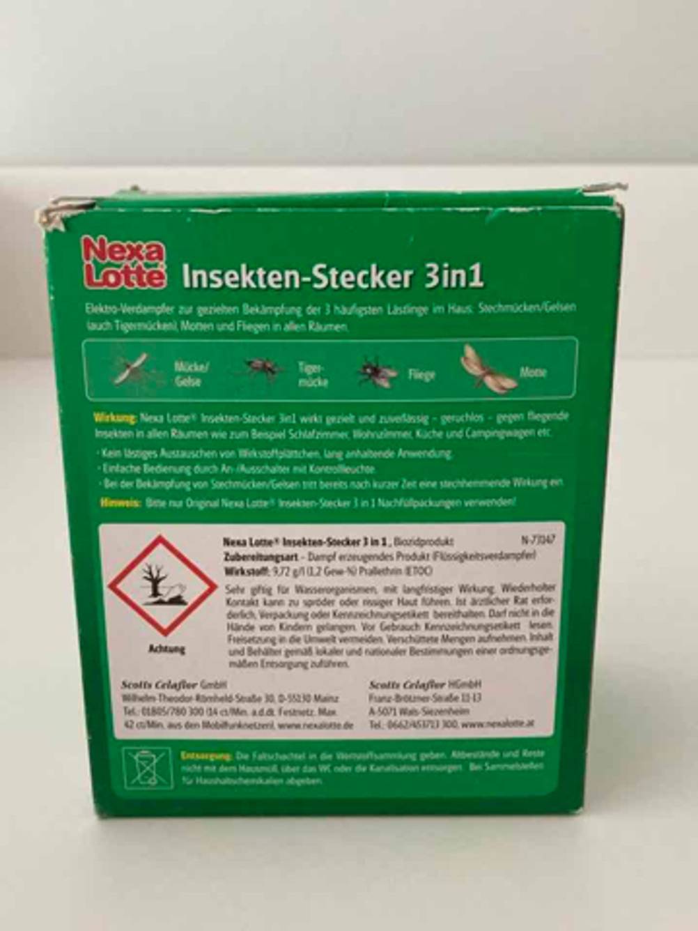 Die Rückseite der Verpackung des getesteten Insektenvernichters.