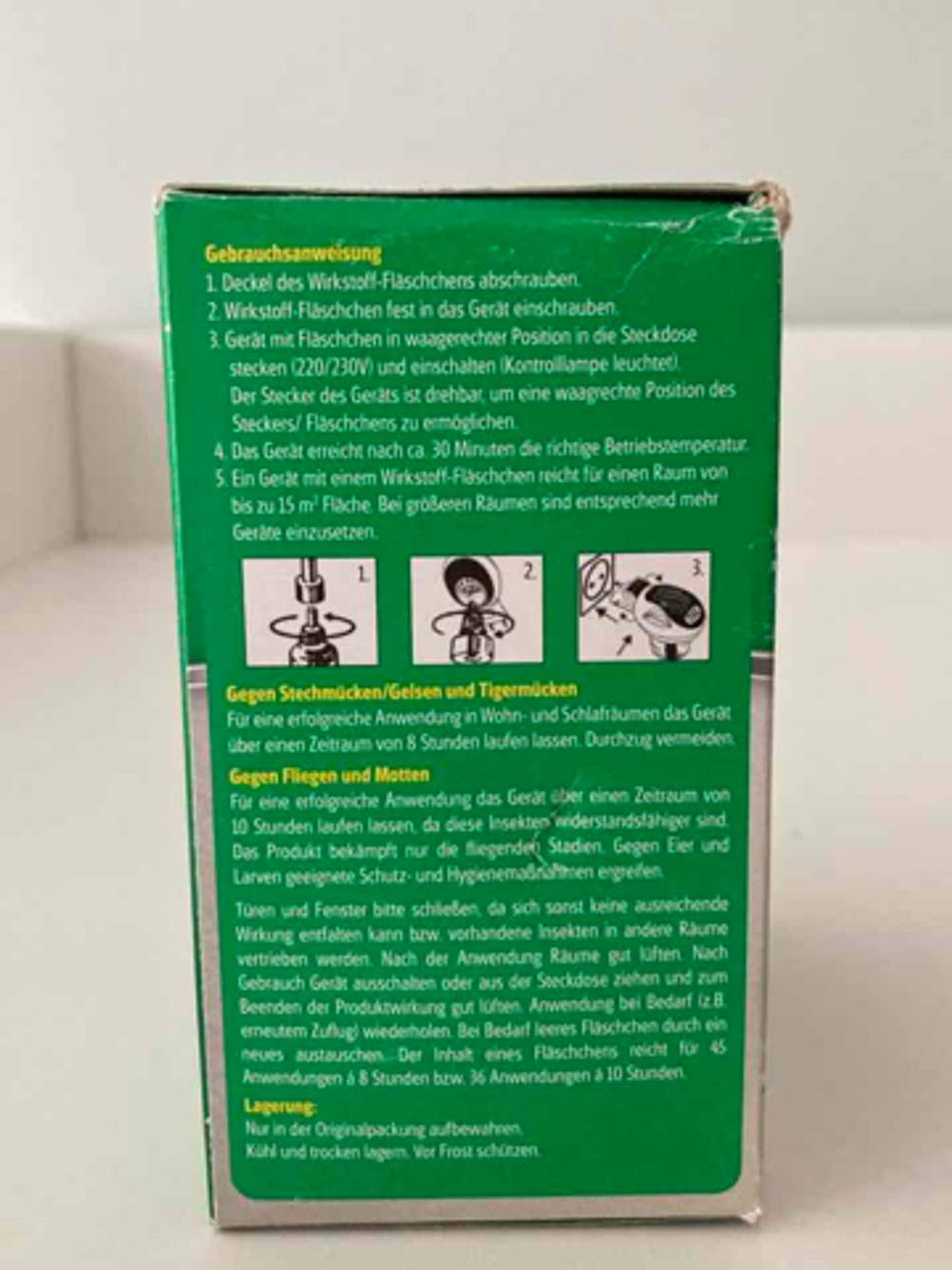 Seitenansicht der Verpackung des getesteten Insektenvernichters mit Grafiken.