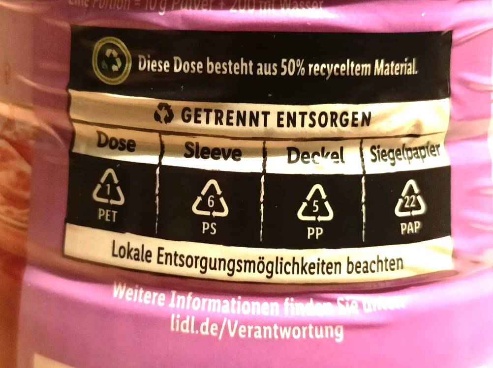 Instant-Tee-Test: Nahaufnahme der Informationen zum Recycling.