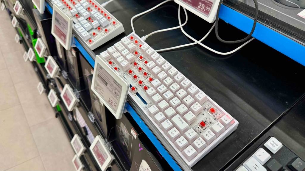 Im Test: Mehrere Mini-Gaming-Tastaturen liegen nebeneinander in einem Regal.