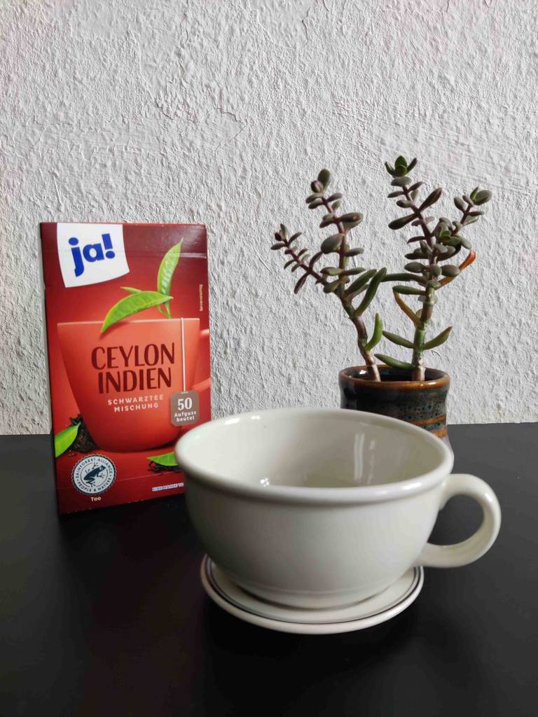 Ceylon-Tee-Test: Eine rote Packung mit 50 Aufgussbeuteln steht neben einer weißen Teetasse.