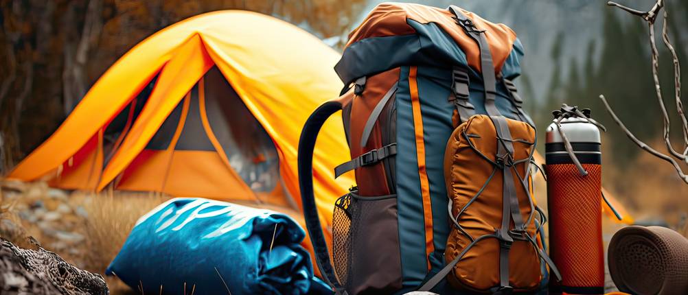 Jack-Wolfskin-Rucksack-Test: Rucksack samt Camping-Ausrüstung in der freien Natur, im Hintergrund ein aufgebautes Zelt