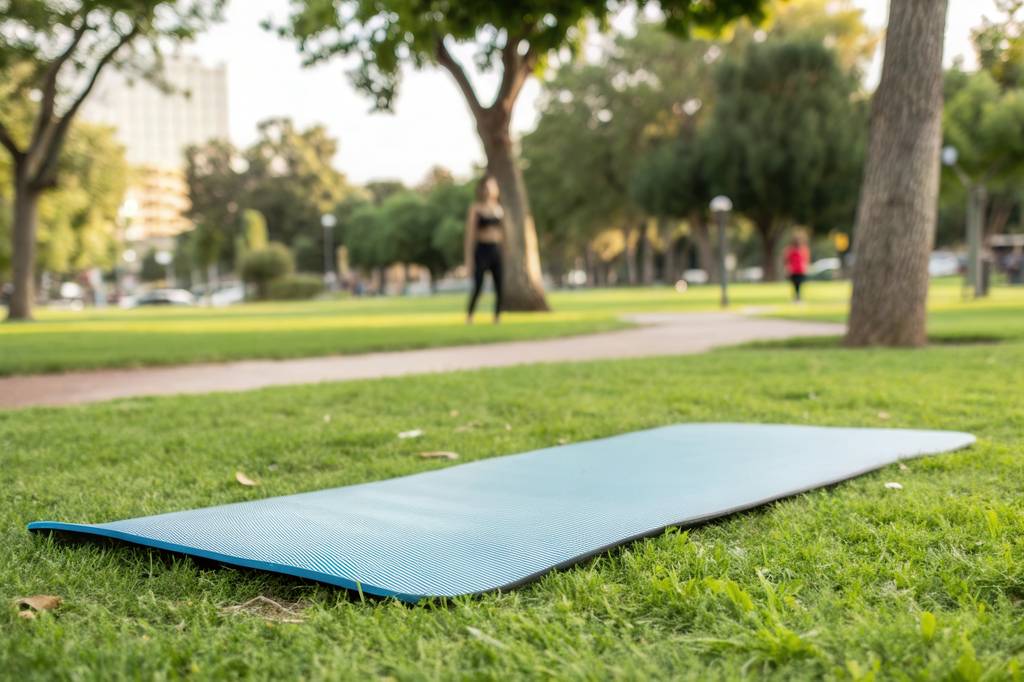 Jade-Yogamatte-Test: Auf einer Wiese in einem Park liegt eine Yogamatte. 