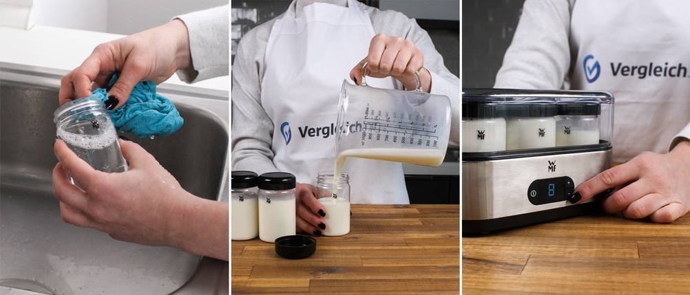 Behälter reinigen mit Wasser, Milch in Behälter gießen und Gerät danach anschalten