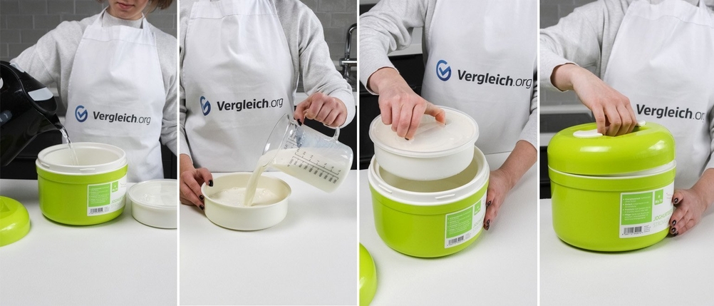 Wasser und dann Milch eingießen, danach Deckel aufsetzen