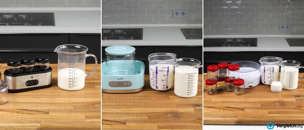 Joghurtbereiter mit Milch in Messbehältern daneben 