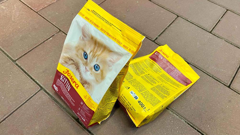 Kitten-Trockenfutter getestet: Zwei Packungen nebeneinander auf einem Steinboden, eine von vorne, eine von hinten.