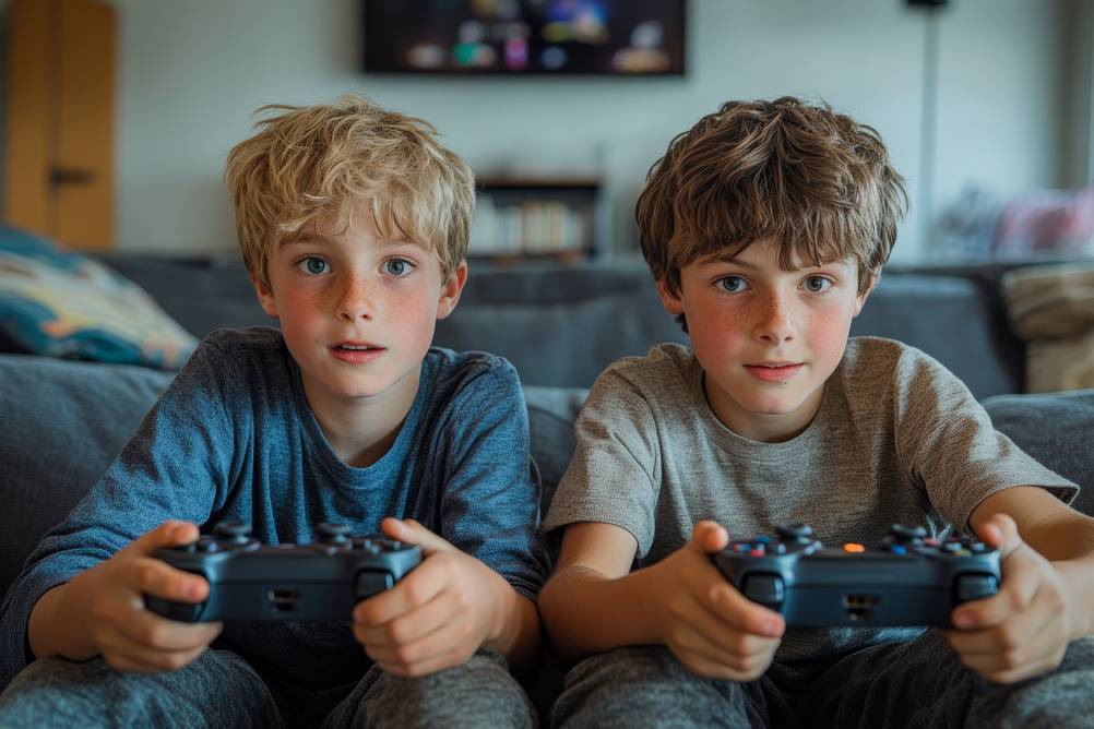 PS5-Spiele im Test: Zwei Jungs sitzen auf der Couch und halten PS5-Controller in der Hand. Sie schauen direkt in die Kamera, scheinen ein Videogame zu spielen.