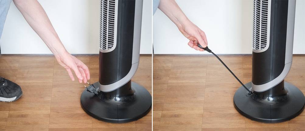 Kabel von einem Rowenta Turmventilator wird ausgezogen