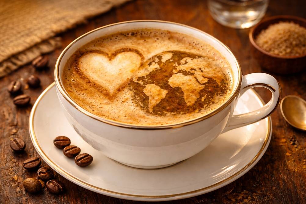 In einer weißen Tasse mit Goldrand befindet sich Kafee mit Milchschaum. Im Milchschaum sind ein Herz und eine Weltkarte zu erkennen. Auf dem Unterteller, auf dem die Tasse steht, liegen zudem einige Kaffeebohnen.