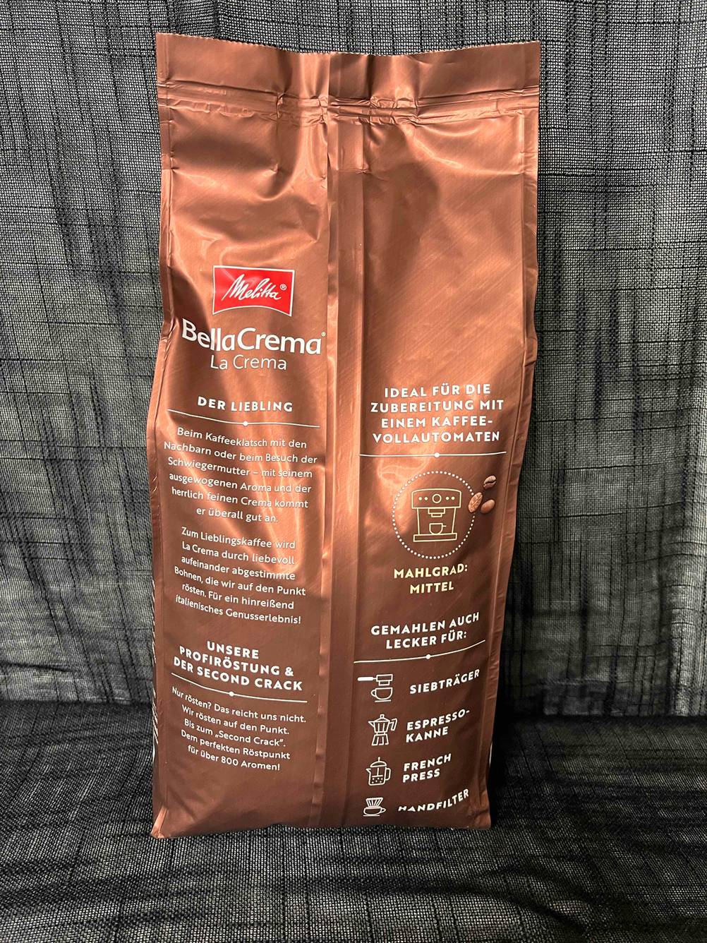 Kaffeebohnen getestet: Rückseite einer Packung mit Informationen.