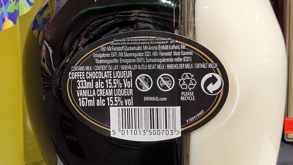 Kaffeelikör getestet: Nahaufnahme des Labels auf der Rückseite.