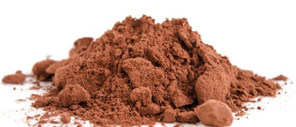 Ein Häufchen Kakaopulver vor weißem Hintergrund.