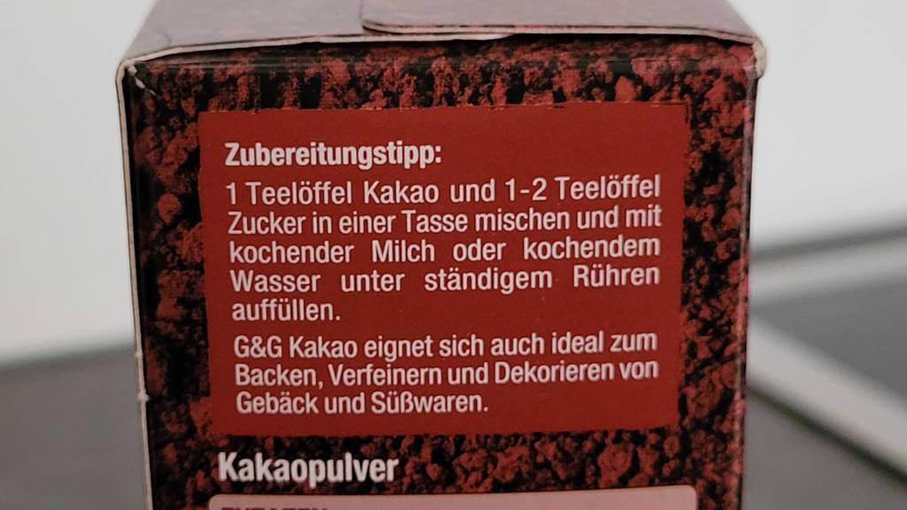 Zubereitungstipps von einer getesteten Kakaopulver-Packung. 