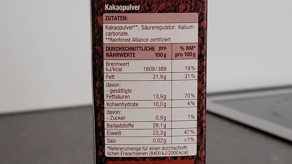 Nährwertangaben von einer getesteten Kakaopulver-Packung. 