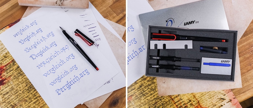 Collage aus zwei Bildern, im linken Bild steht der Schriftzug Vergleich.org in verschiedenen Schriftarten, im rechten liegt ein Füller in seiner Verpackung.