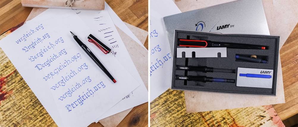 Collage aus zwei Bildern, im linken Bild steht der Schriftzug Vergleich.org in verschiedenen Schriftarten, im rechten liegt ein Füller in seiner Verpackung.