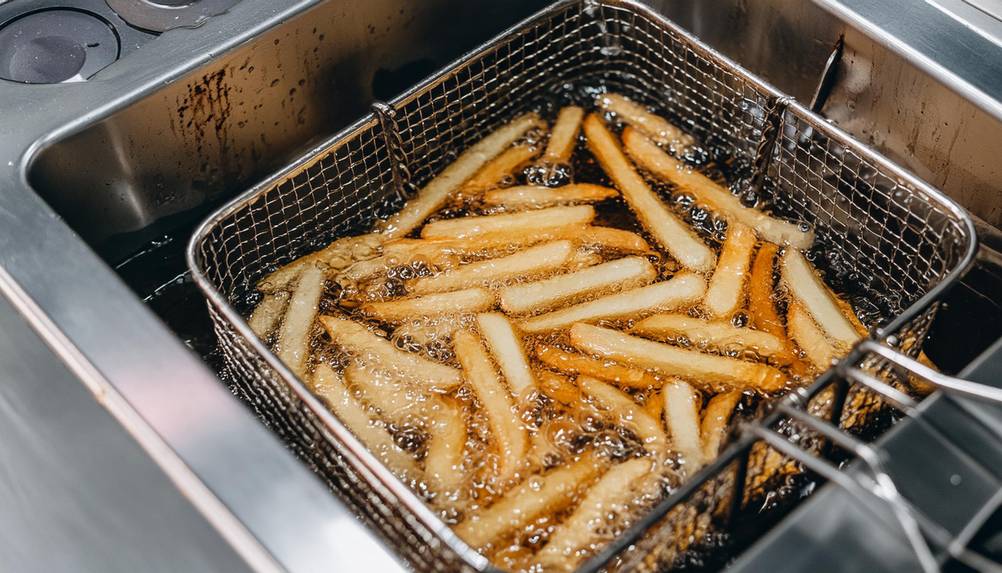 Kaltzonen-Fritteuse im Test: Pommes, die in einer Fritteuse zubereitet werden.
